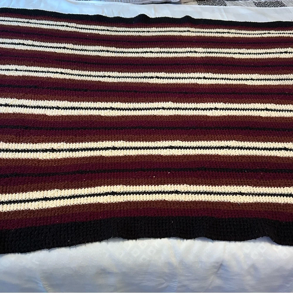 Vintage Crochet Brown Cream Stripe Handmade Blanket Throw Afghan with fringe